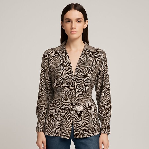 Topshop Zebra Animal Print Wrap Collared Tie Waist Long Sleeve Blouse Size 10 - Picture 1 of 8